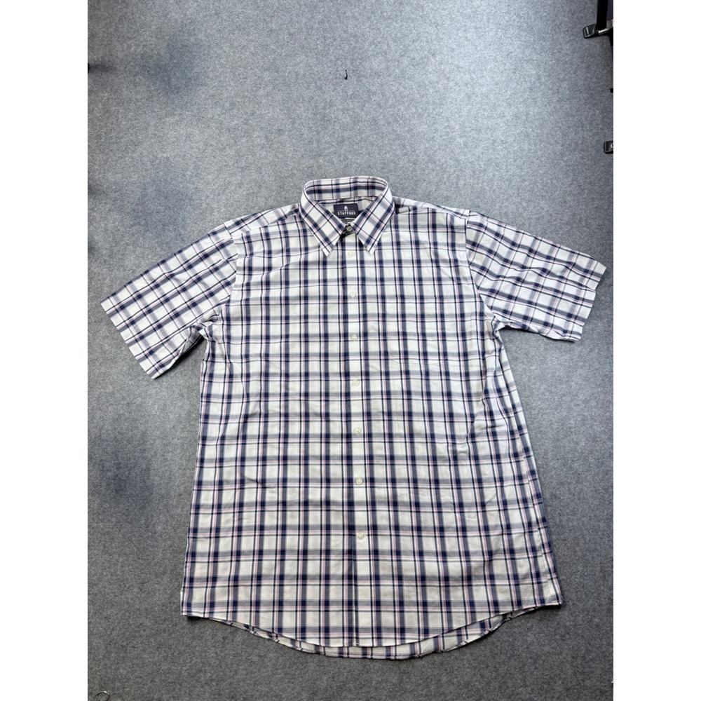 Stafford Men 16.5 Regular Fit Plaid Short Sleeve Button Up Shirt Blue Pink White
